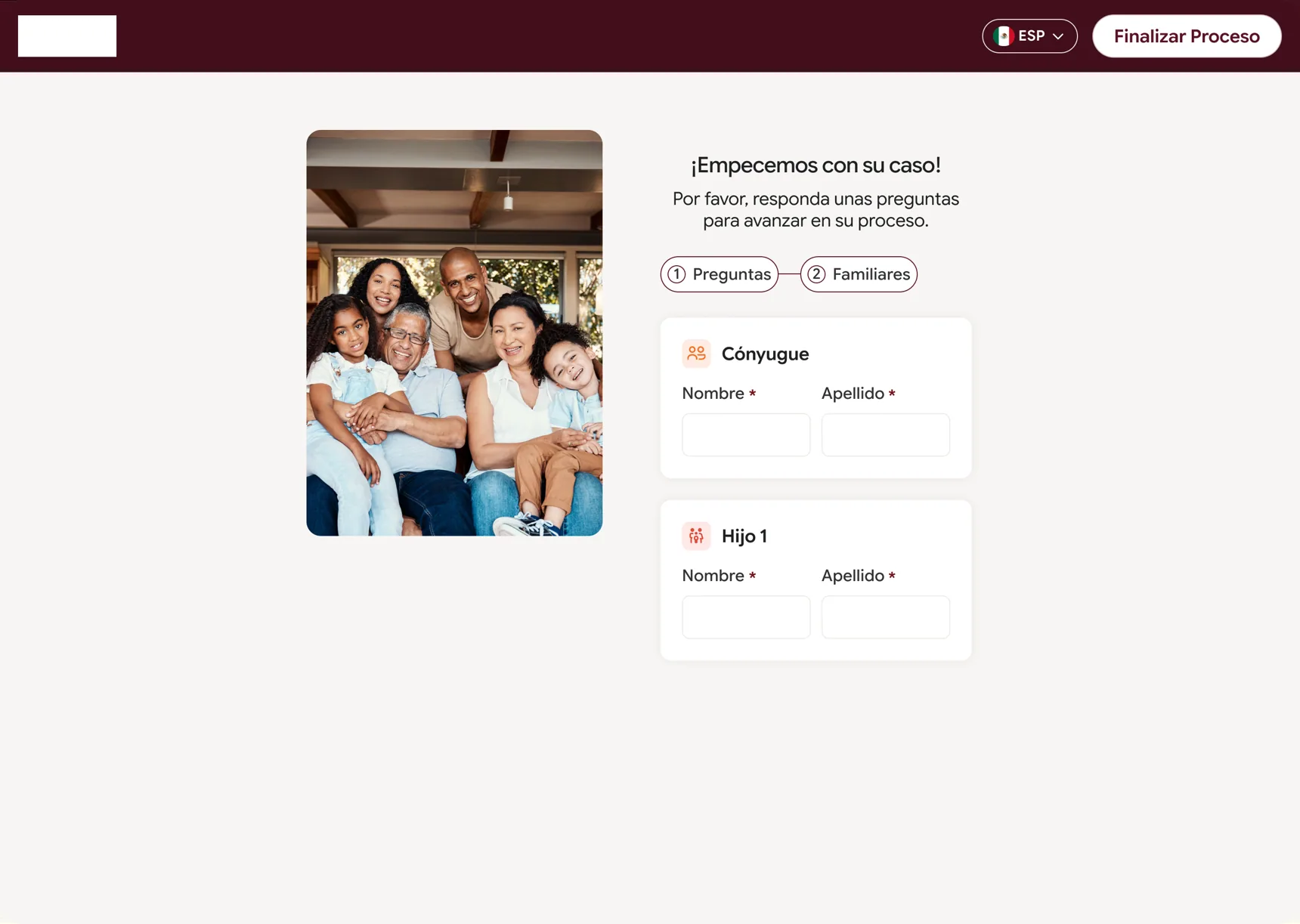 Adding family members: a two-step stepper with one card per person.