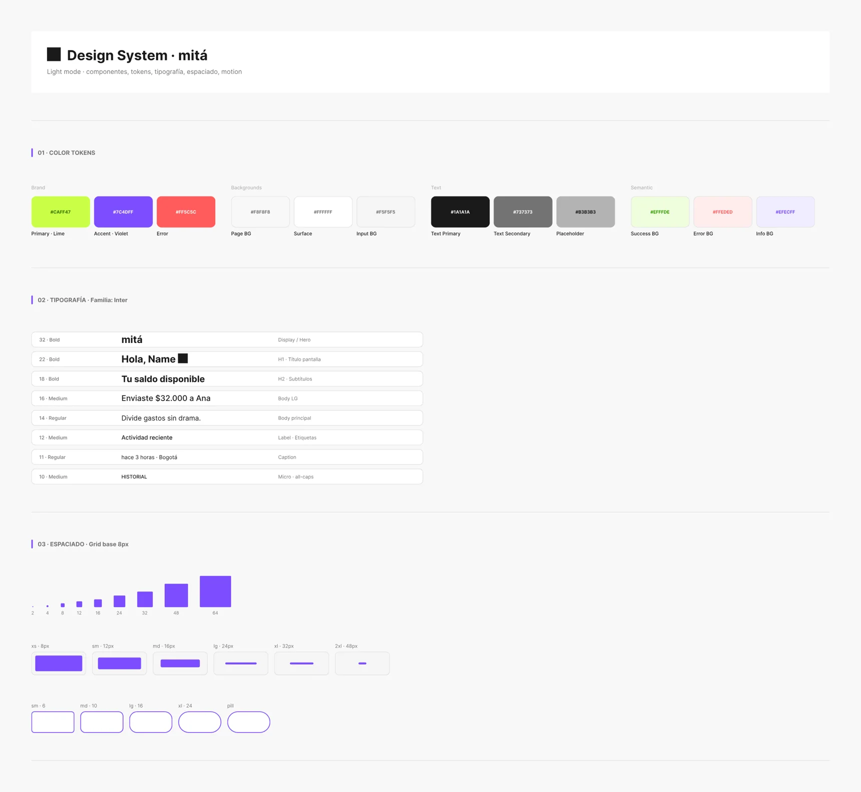mitá design system: color tokens, type scale and spacing.