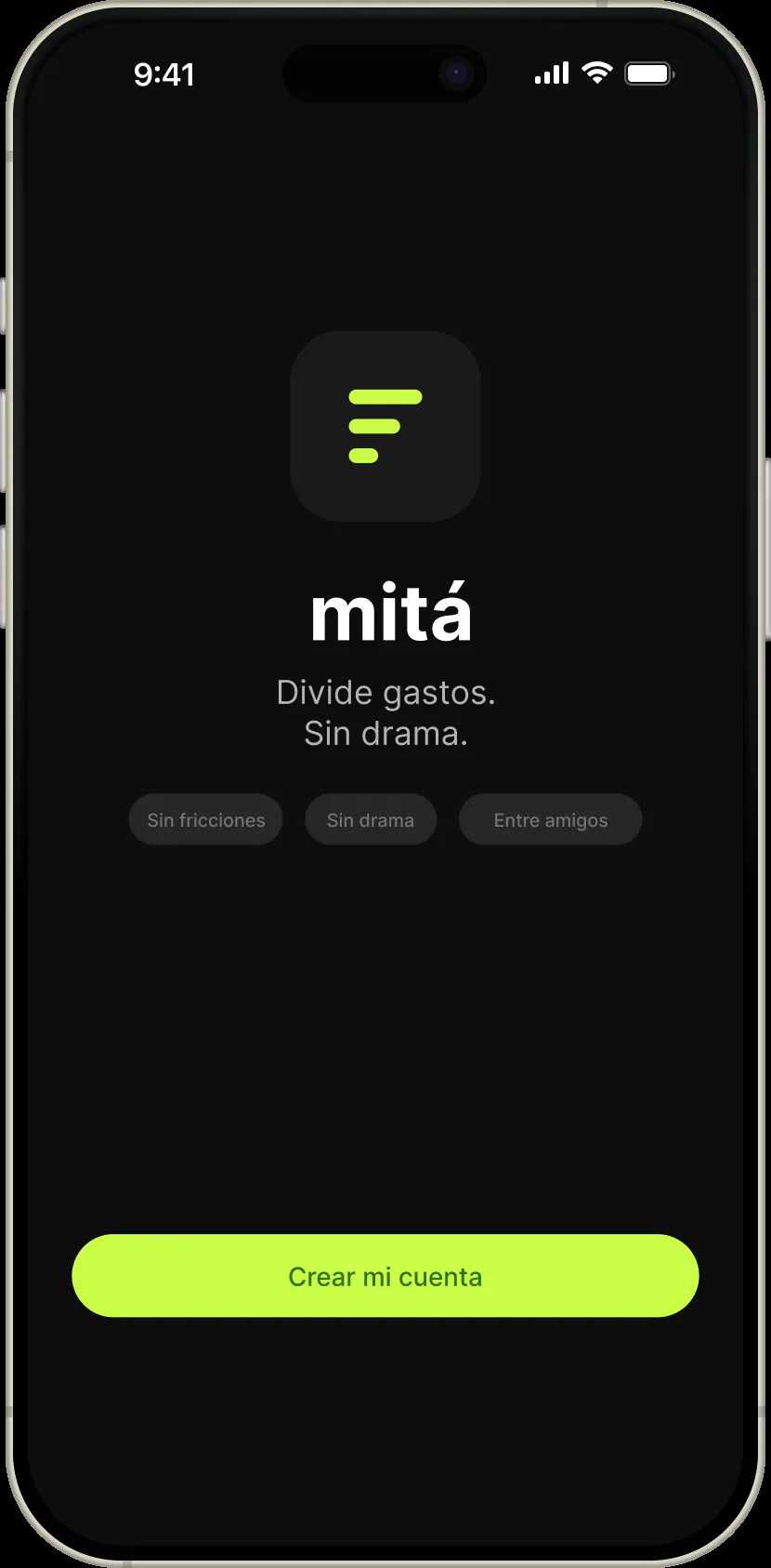 mitá splash screen: “Split expenses. No drama.”