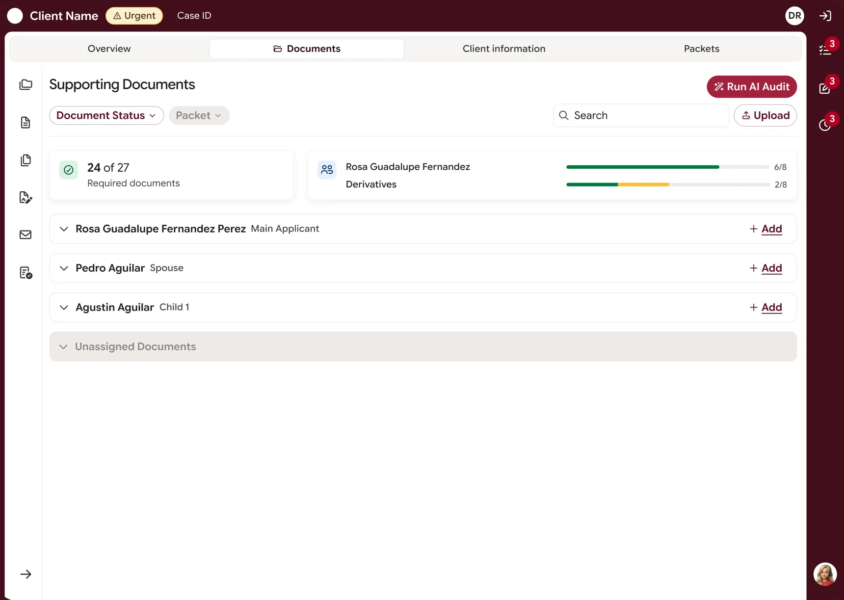 One Tool master layout: case header, tabs, document table and side panels.